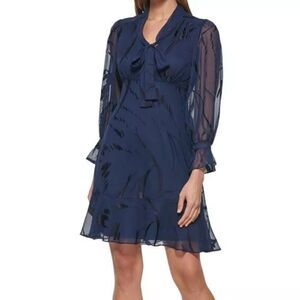 DKNY Dress Size 8 Navy Blue Chiffon Tie Neck Burnout Lined Zipper Flounce Party